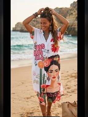 Made In Italy Cotton Blend Graphic Frida Kahlo Dress in White with Floral Accent